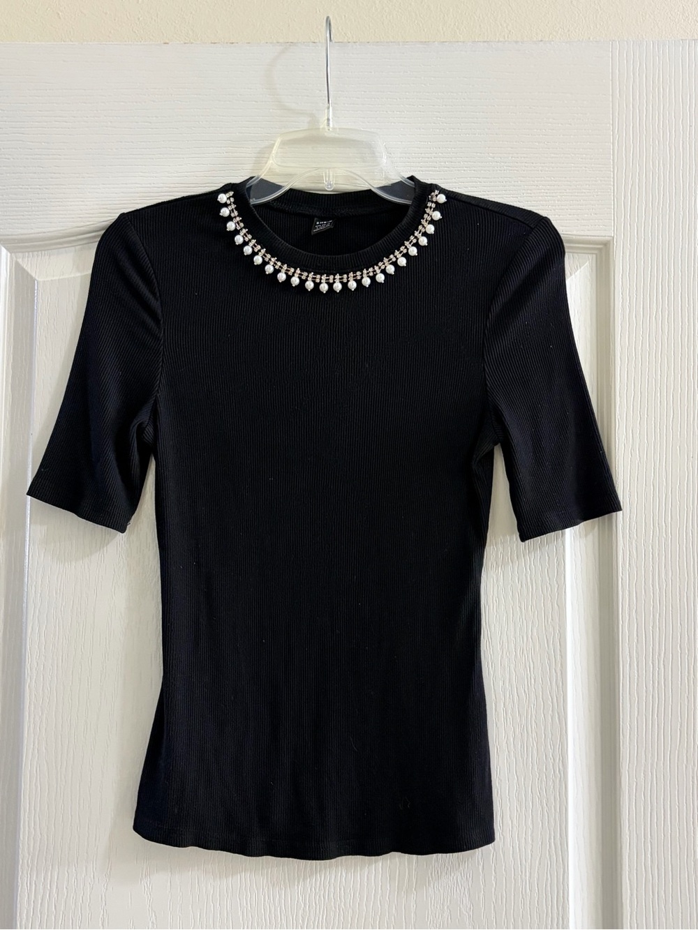 SHEIN Black Short-Sleeve Fitted Top with Jewel Crew Neck